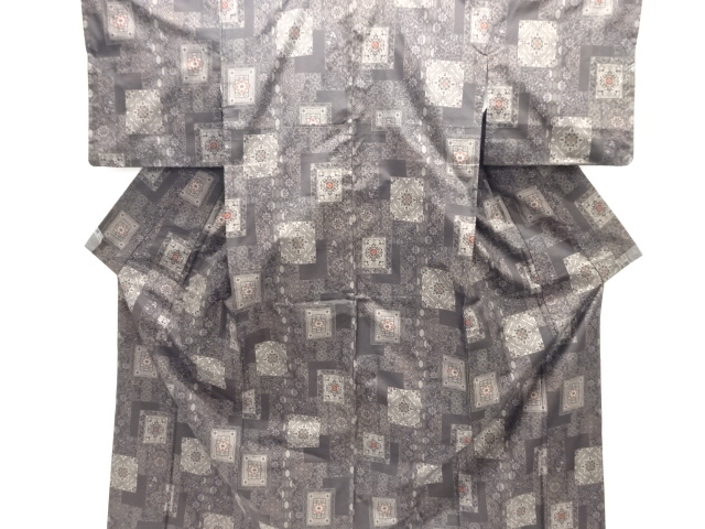 JAPANESE KIMONO / SILK / DORO OSHIMA TSUMUGI / WOVEN SHIKISHI & FLORAL CREST & SARASA